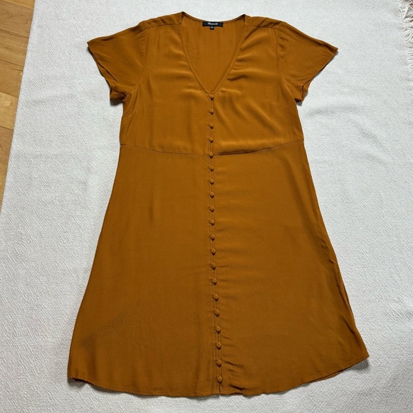 Madewell Ochre Brown Crepe Vneck Button Front Dress S - Picture 2 of 8